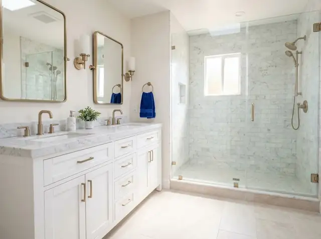 Illustration: bathroom with a white double vanity, marble top and glass walk-in shower