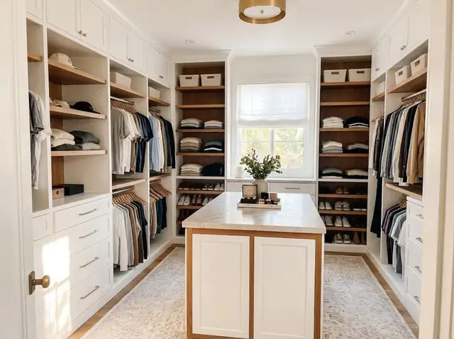 Illustration: walk-in closet with white built-in cabinets, open shelving and a center island