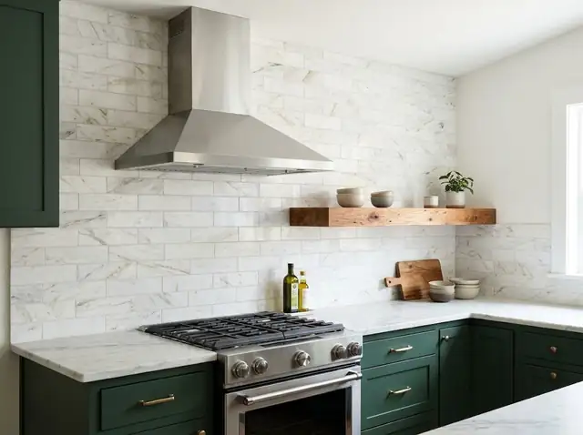 Illustration: white marble subway tile backsplash behind a stainless range hood