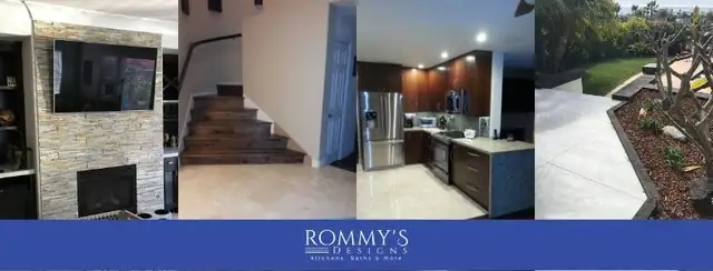 Collage of a stacked stone fireplace wall with built-ins, a wood tread staircase, a dark wood kitchen and a patio